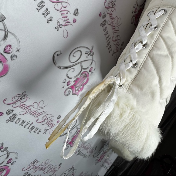 Bebe corset coat jacket snow bunny fur rabbit White Quilted Jacket Fur Trim hood - Picture 16 of 16